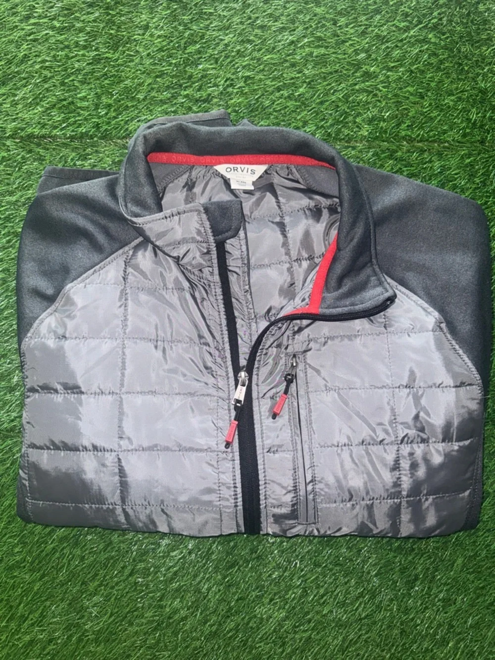 Orvis Gray and Black Quilted Hybrid Jacket with Red Trim